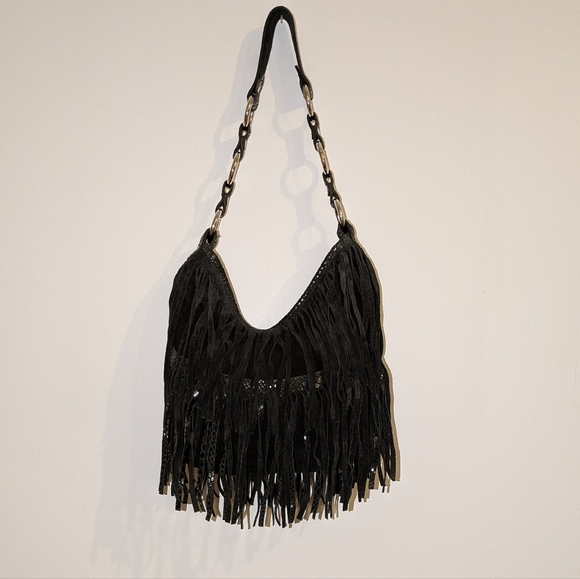 Pietro Alessandro Black Suede Snakeskin Fringe Shoulder Bag - Picture 4 of 8